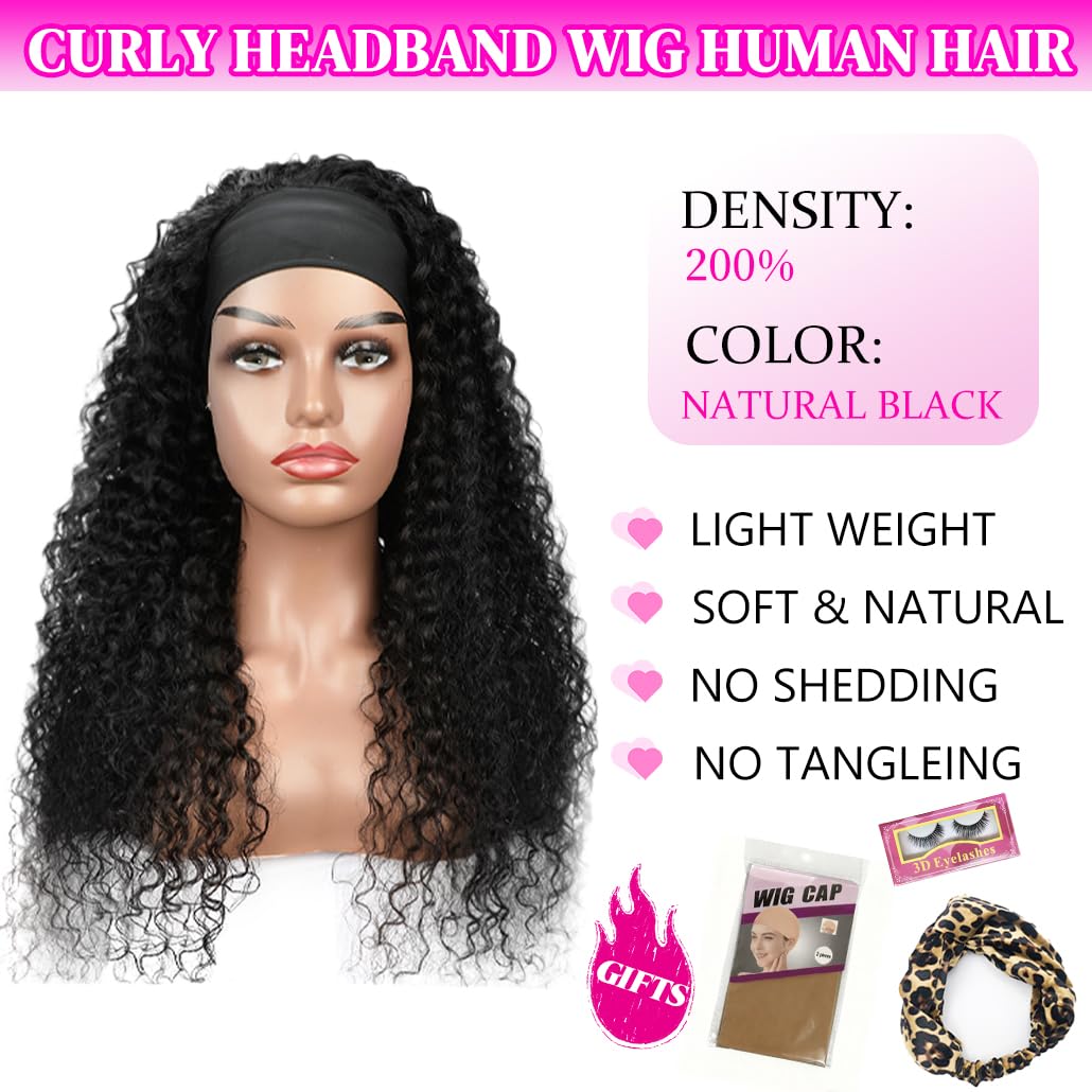 Curly Headband Wig - 200 Density 22 Inch Deep Wave Human Hair | Glueless, Natural Color for Black Women