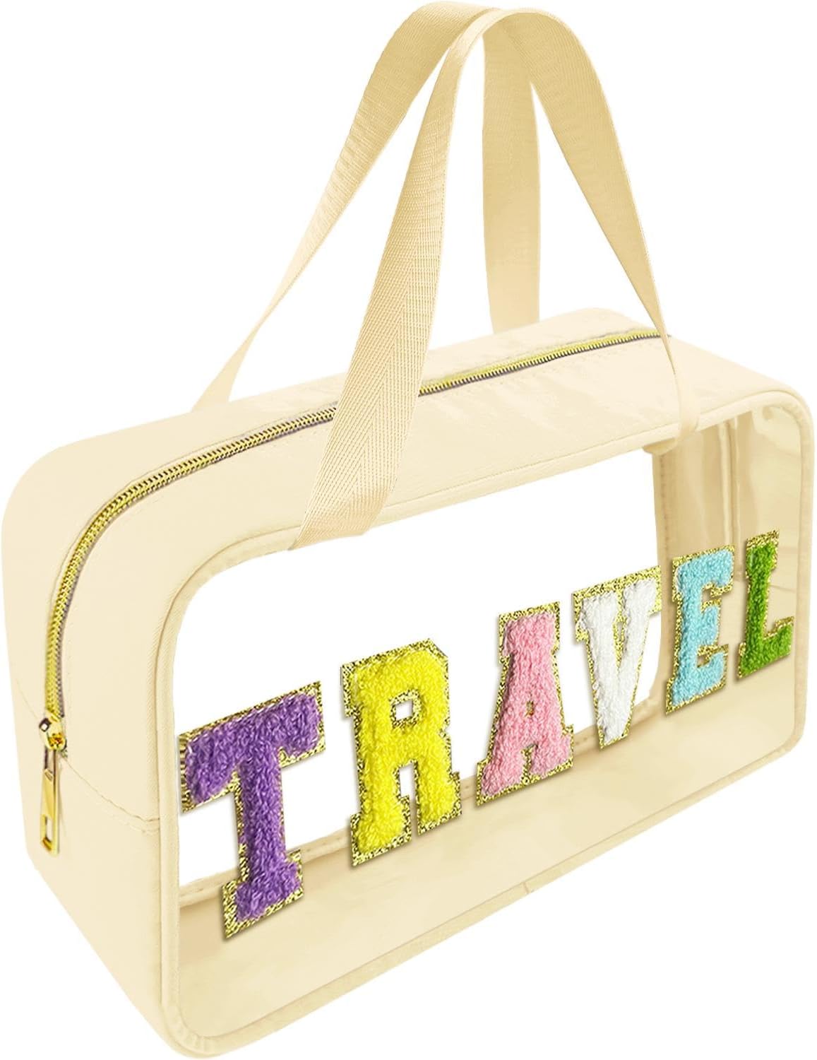 Chenille Letter Clear Makeup Bag - Waterproof Travel Toiletry Bag with Handle | Preppy Dance Patch Design (Black)