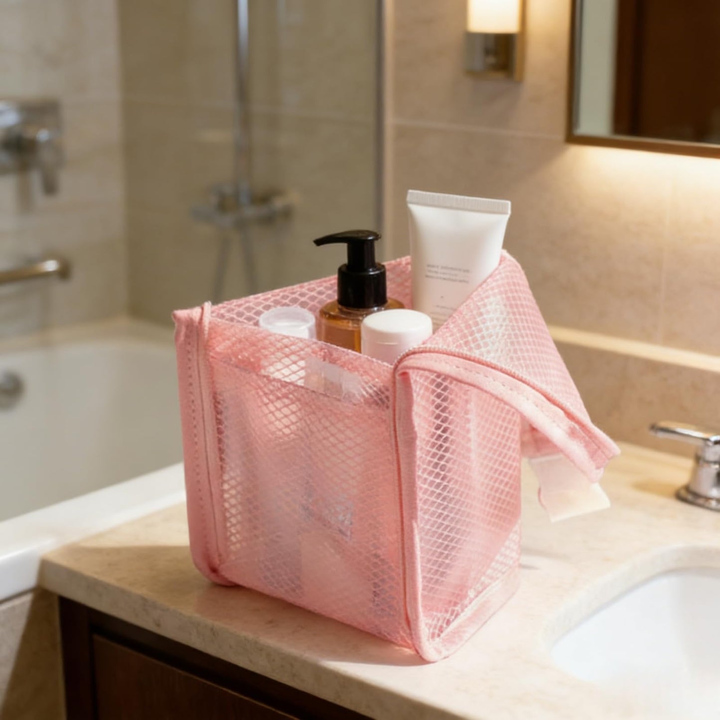 LUOBEIYAOHL Standing Toiletry Bag Stand up Makeup Brush Holder for Travel, Pink, Cosmetic Case