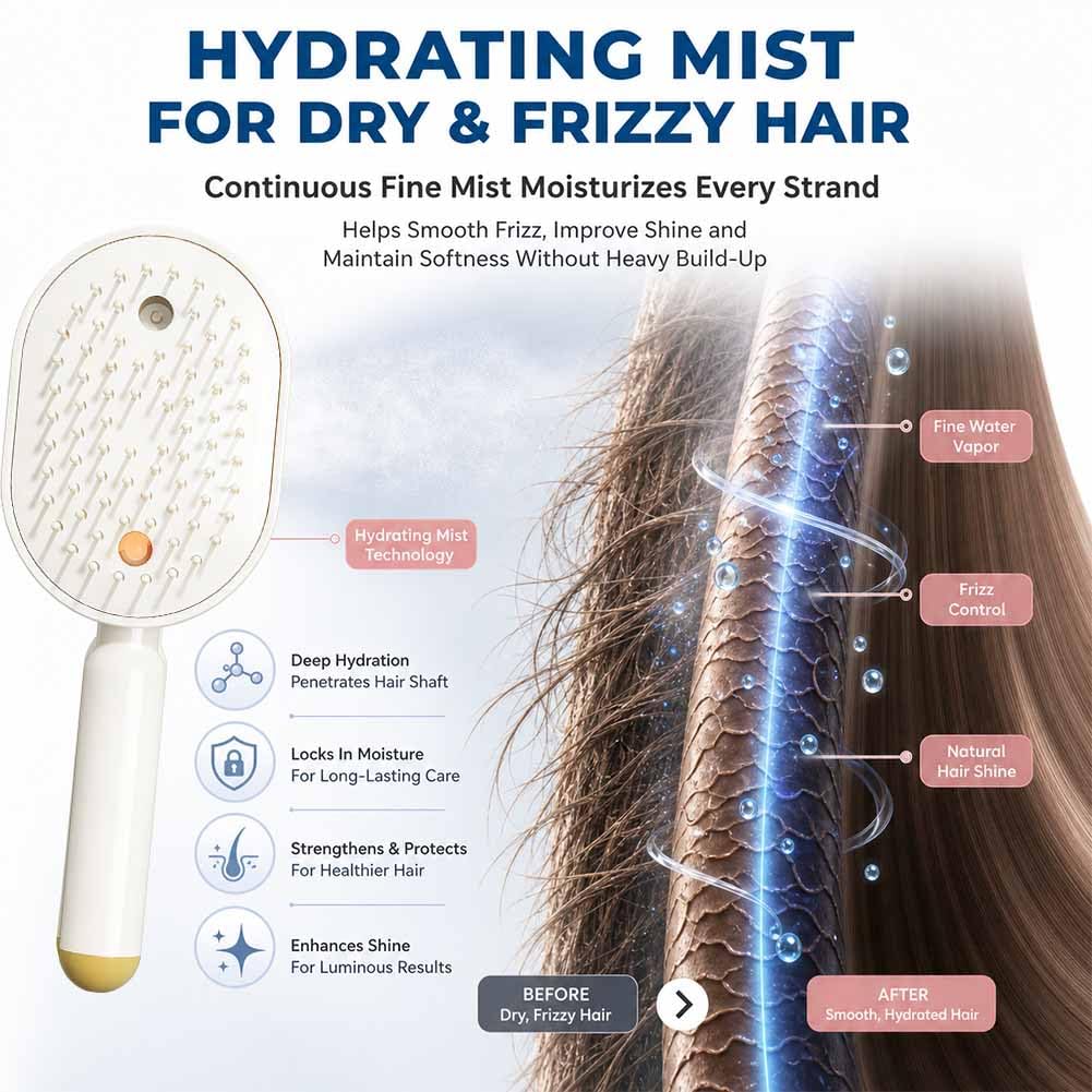 Electric Spray Air Cushion Massage Comb, 3-in-1 Rechargeable Steam Hair Brush with Water Mist, Self-Cleaning Anti-Tangle Air Cushion Comb, Anti-Frizz Hydrating Hair Brush for Dry Damaged Hair (Pink)