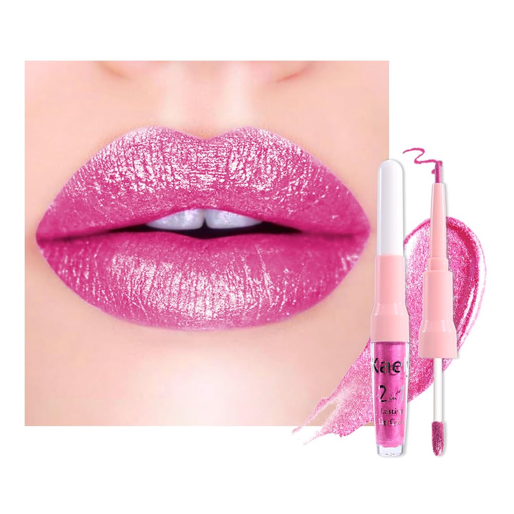 Dark Purple Red Metallic Glitter Lip Liner & Lipstick Combo - Long Lasting Waterproof Liquid Lipstick Set for Women | Iridescent Shine, Non-Stick Cup