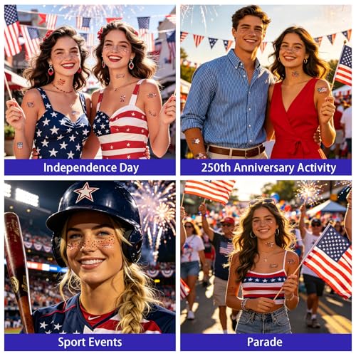 Patriotic 4th of July Face Tattoos - 250th Anniversary Set