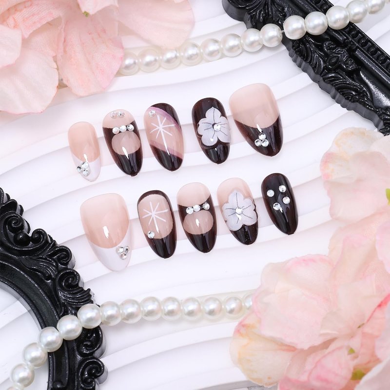 30Pcs Flower Press-On Nails - Medium Almond Black & White French Tip with Rhinestones | Reusable Acrylic Full Cover Set