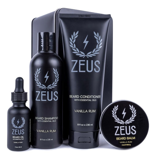 ZEUS Everyday Beard Kit for Men, Facial Hair Shampoo, Conditioner, Oil, Balm & Tin Gift Box, Premium Father's Day Beard Care & Grooming Set (Made in USA) Vanilla Rum