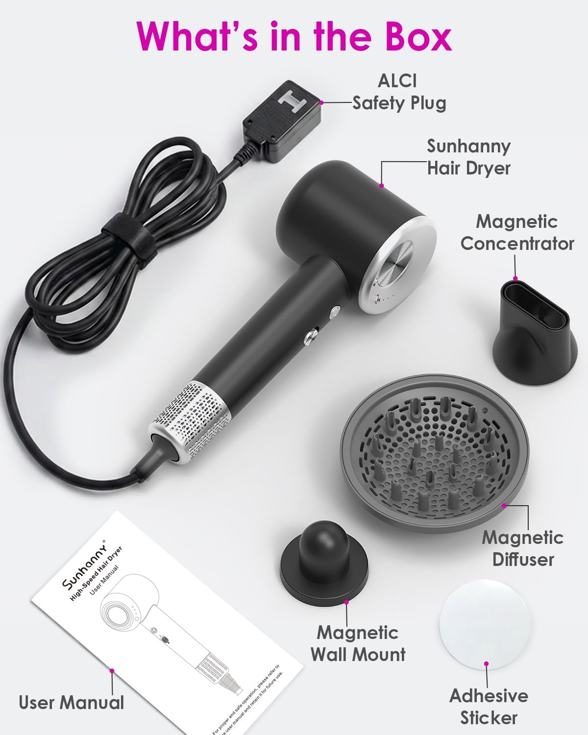 High-Speed Ionic Hair Blow Dryer - 160,000 RPM Fast Drying with Magnetic Diffuser & Concentrator | 3 Speeds, 4 Temps, Black