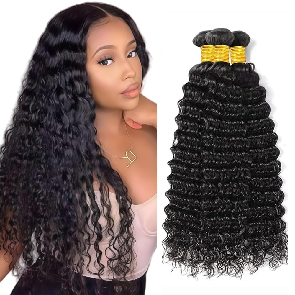 Deep Wave Bundles Human Hair Deep Wave Bundles HuxoWax Black Human Hair Bundle Unprocessed Color 1B Wet and Wavy Bundles For Women 20 22 24 Inch