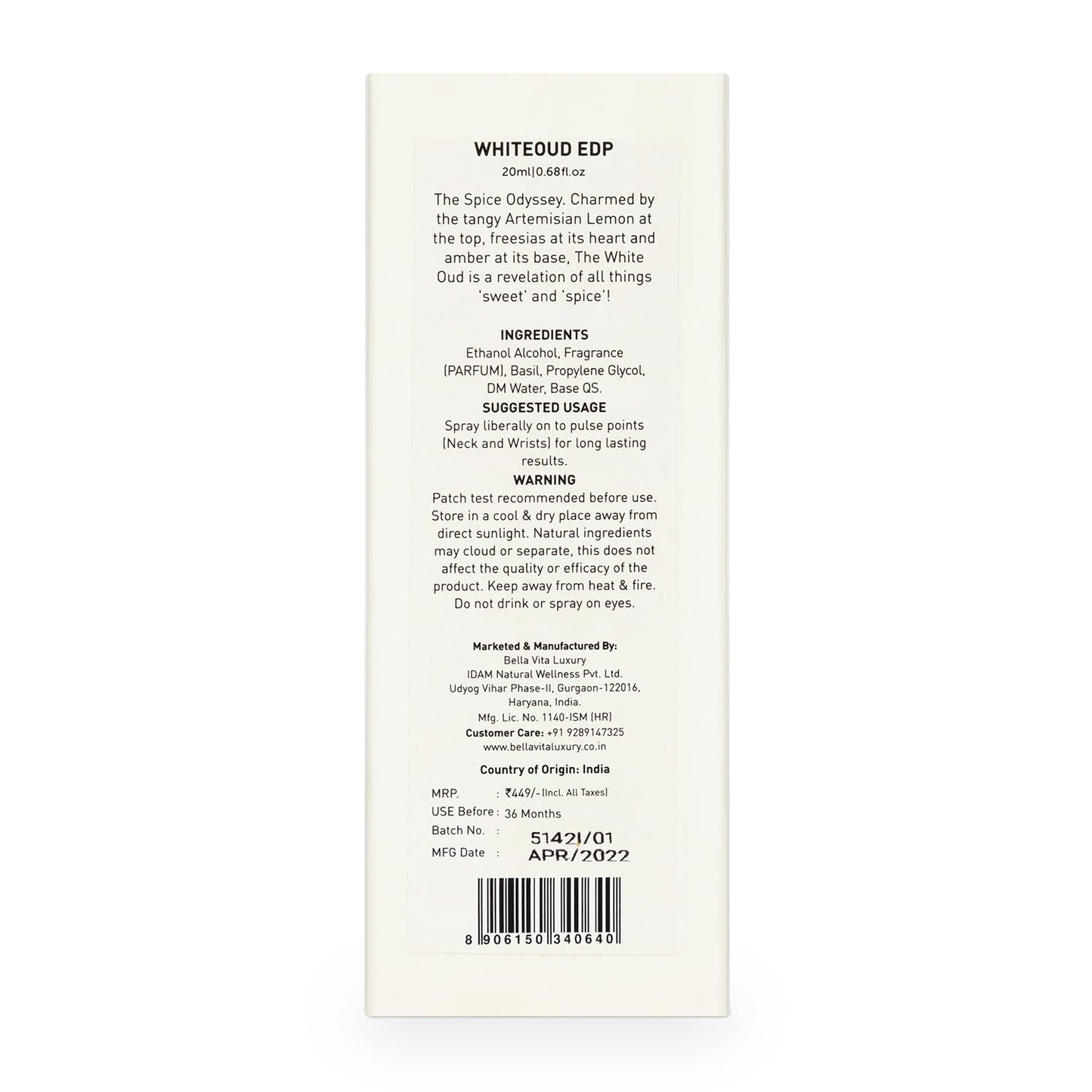 **Bellavita White Oud Eau de Parfum - Long Lasting Unisex Fragrance | 20 ml Travel Size with Fruity & Tobacco Notes**