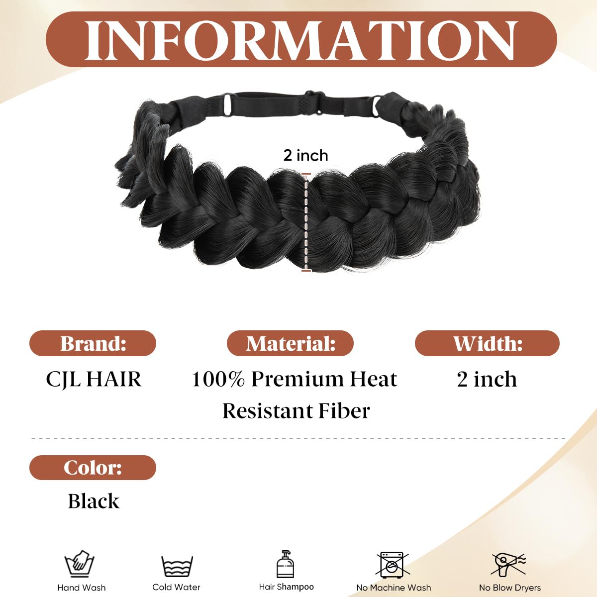 Wide Elastic Braided Headbands for Women - Adjustable Black Synthetic Hair Hairpiece | Handmade Braid Design