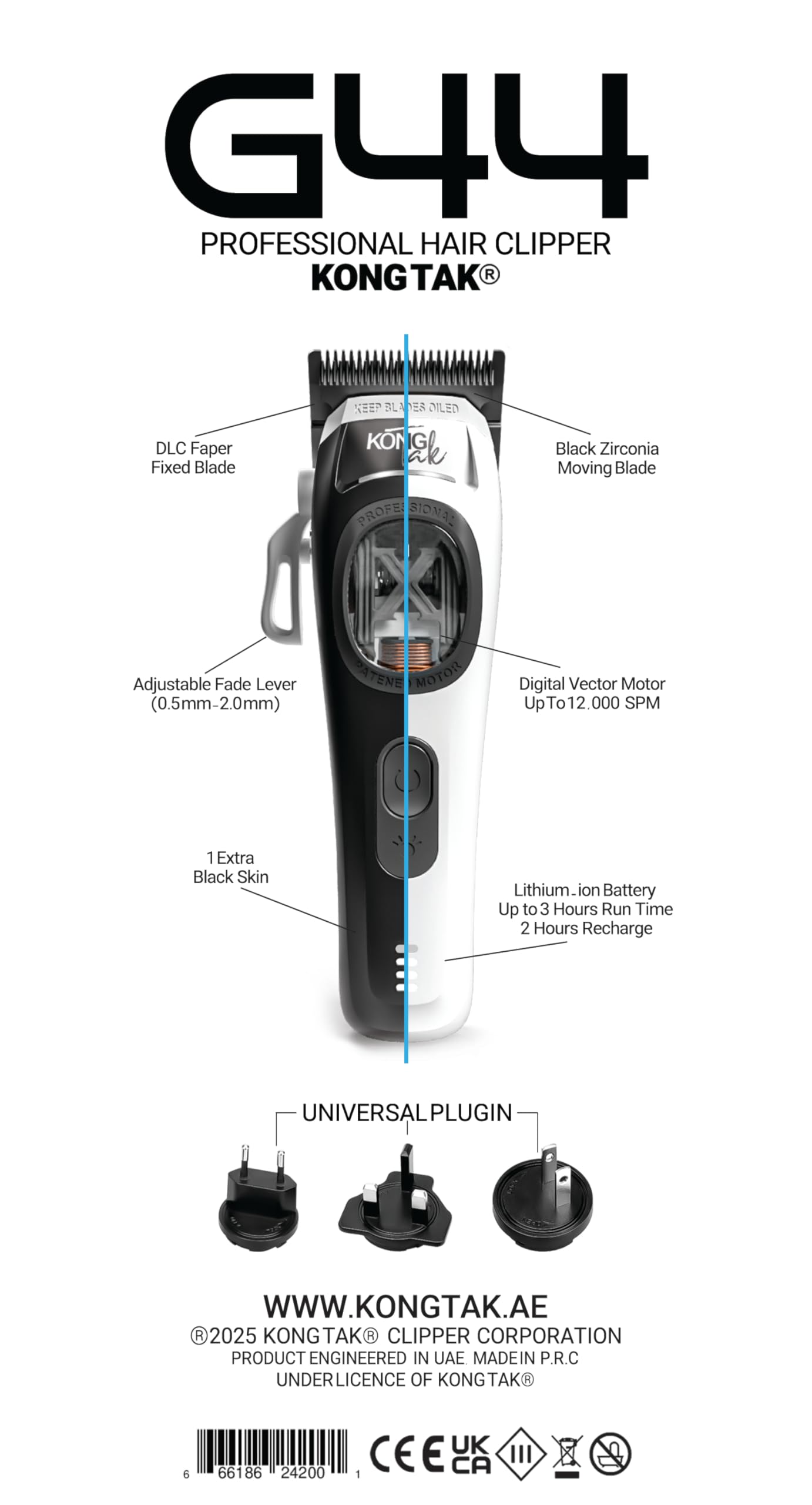 KONG TAK G44 Professional Hair Clipper with Digital Vector Motor UP to 12,000 SPM and DLC Blade