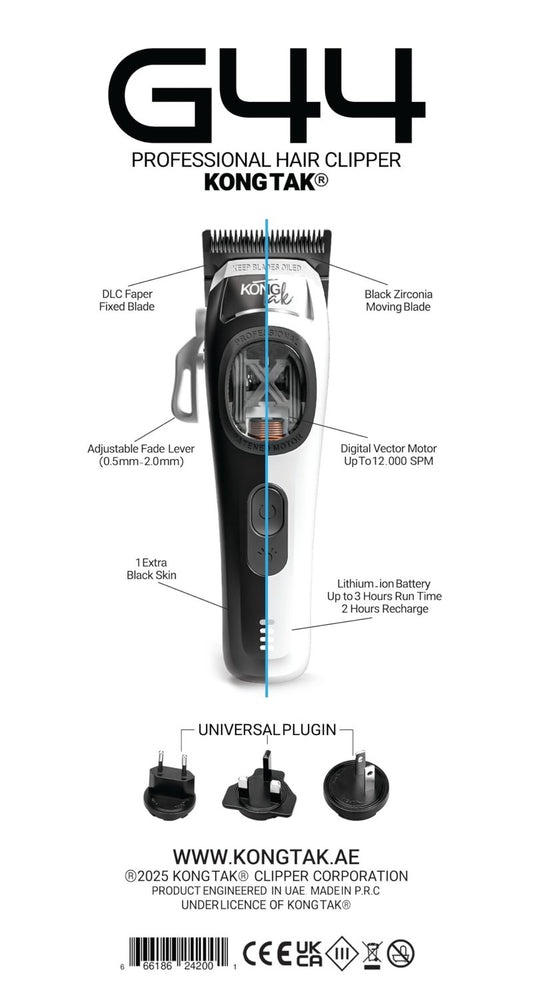 KONG TAK G44 Professional Hair Clipper with Digital Vector Motor UP to 12,000 SPM and DLC Blade