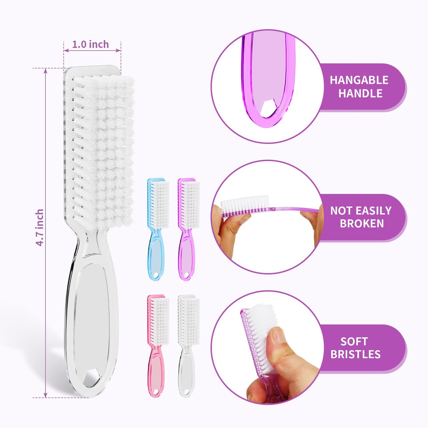 SQULIGT 12 Pcs Handle Grip Cleaning Brushes, Hand Fingernail Nail Scrub Manicure Brush Pedicure Brush, Use for Toe and Nails Cleaning (Clear Handle)