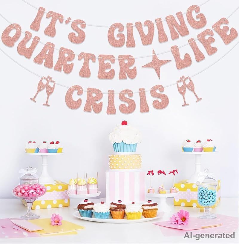 Quarter Life Crisis Banner for 25th Birthday Party - Rose Gold Glitter