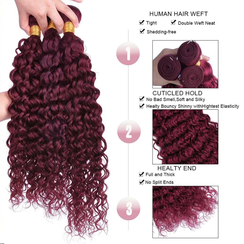 #99J Burgundy Bundles Human Hair Water Wave Bundles 12 Inch Wine Red Unprocessed Brazilian Virgin Hair 1 Bundle 50 Gram Per Bundle Deals Quick Weave Hair Extensions