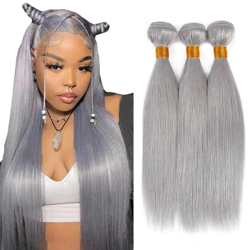 28 30 32 Inch Freiuoke Silver Human Hair Bundles Grey Straight Bundle Gray Hair Weave 3 Bundles Gray Color Long Hair Extensions