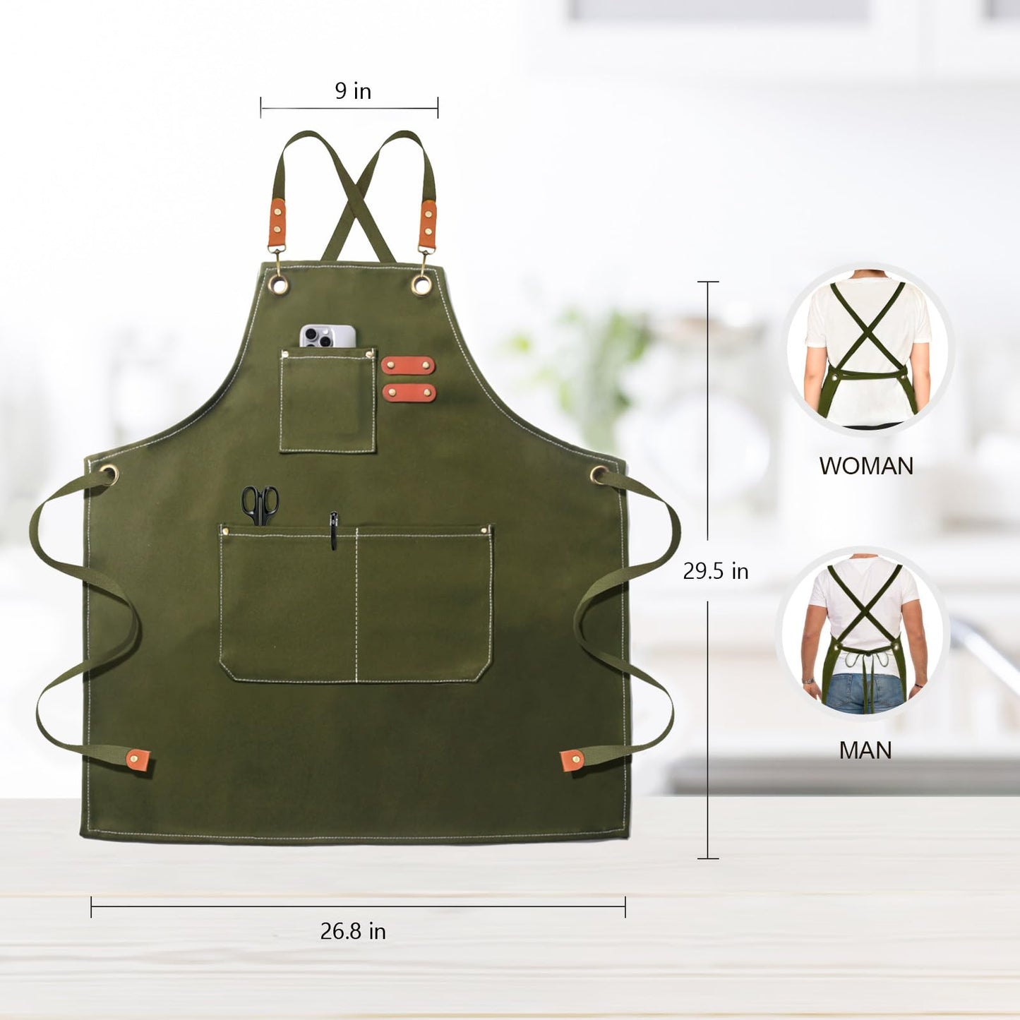 OUNLEN Chef Apron for Men Women Canvas Aprons with 3 Pockets Cross Back Resistant Work Apron for Cooking Grilling Baking BBQ Barber Kitchen (Army green)