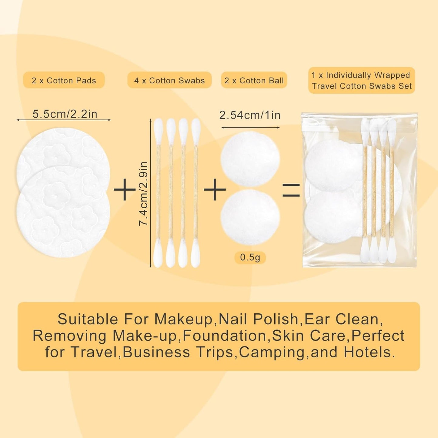 Travel Cotton Swabs Set - Portable Hotel Vanity Kit with Cotton Balls & Rounds | 50 Individually Wrapped Pieces