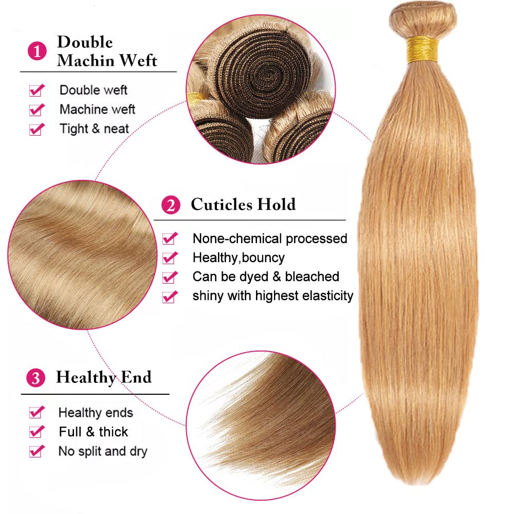 28 30 32 Inch 27 Straight Bundles Human Hair Honey Blonde Bundles Peruvian Unprocessed Virgin Hair Extensions Blonde Straight Hair Weave
