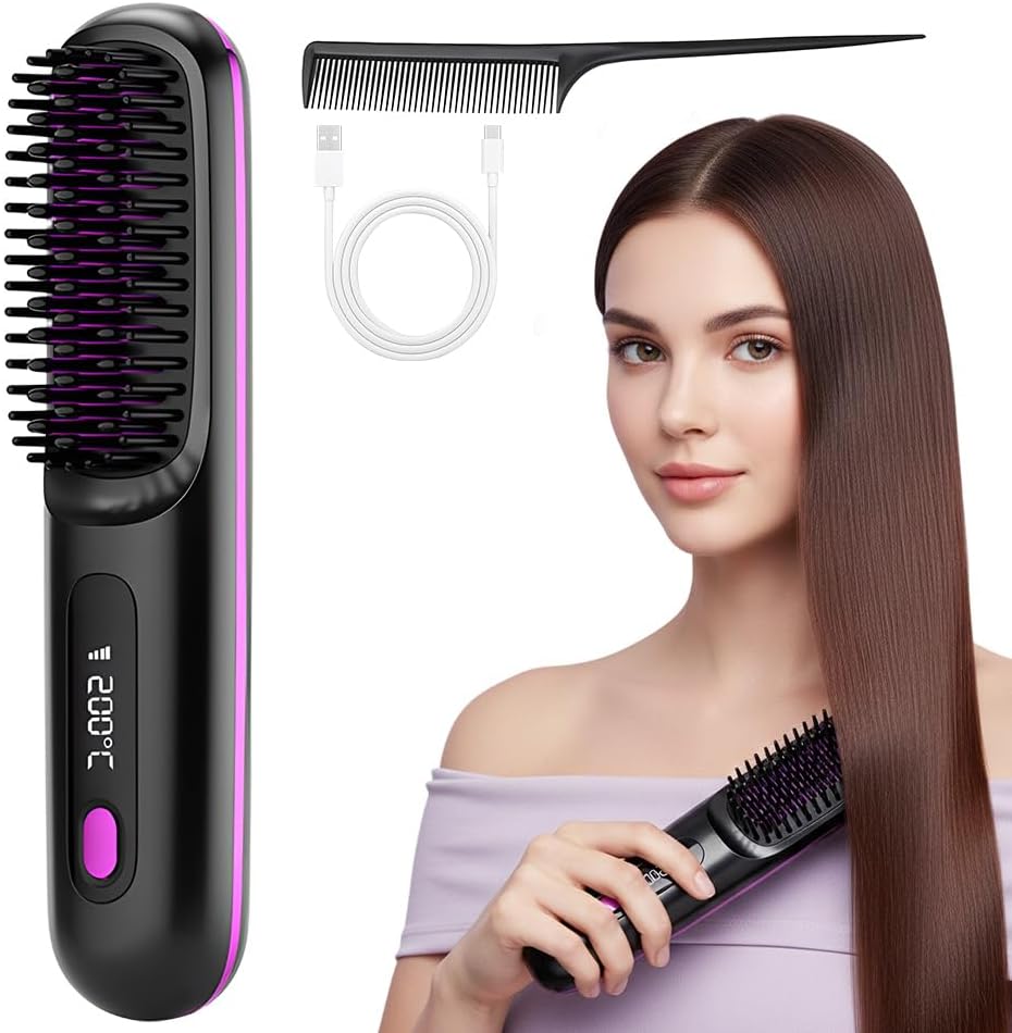 Go Brush Pro Cordless Straightening Brush - Fast Heating, 3 Temp Settings, Ionic & Ceramic Care | USB-C Rechargeable for Short Hair (Black)