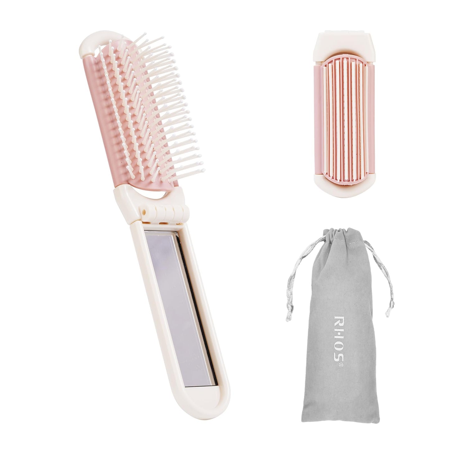 RHOS Folding Brush with Mirror for Women, Girls - Mini Hair Brush for Purse, Small Pocket Brush with Soft Nylon Bristles and Mirror for Travel (Beige)