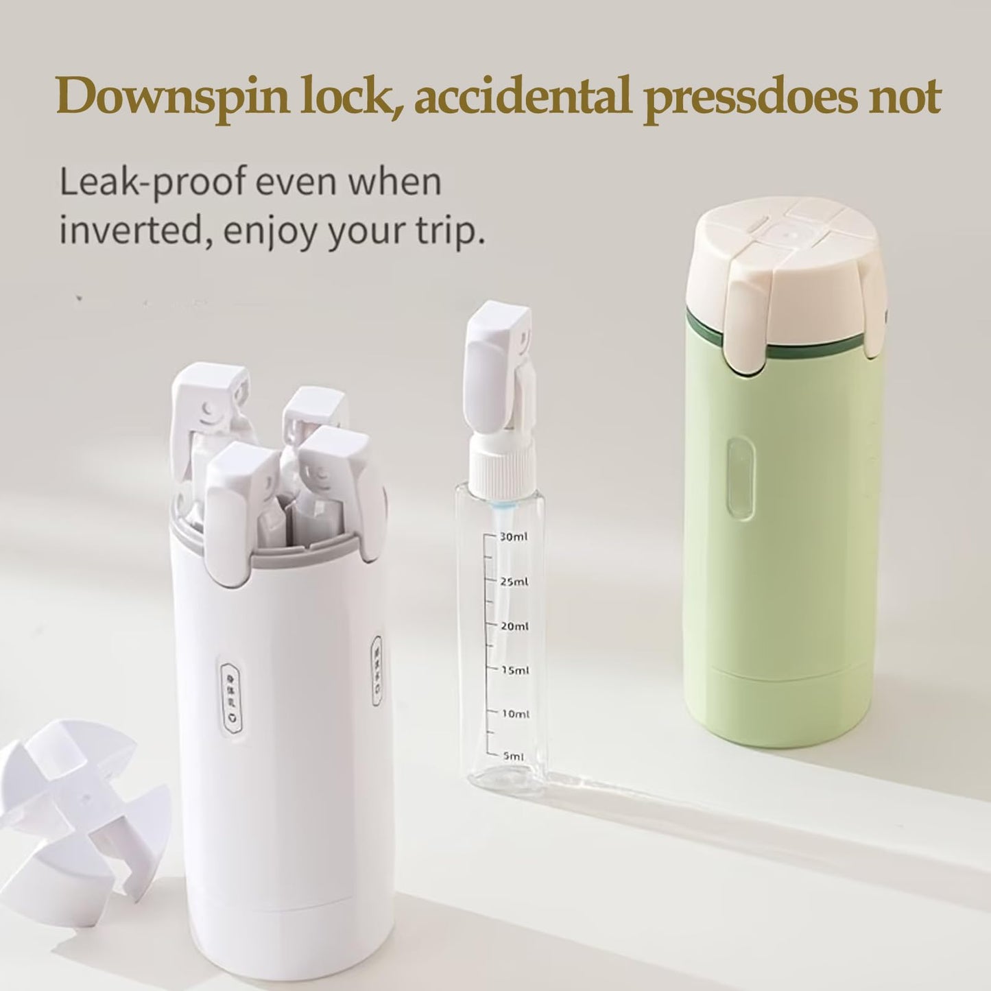 IULWJPU 4 in 1 Travel Dispenser Bottle Travel Bottle Dispenser for Toiletries TSA Approved Leakproof with 4 Pack 30Ml Travel Size Pump Bottles & Labels, Suitable for Lotion Shampoo Conditioner Cream