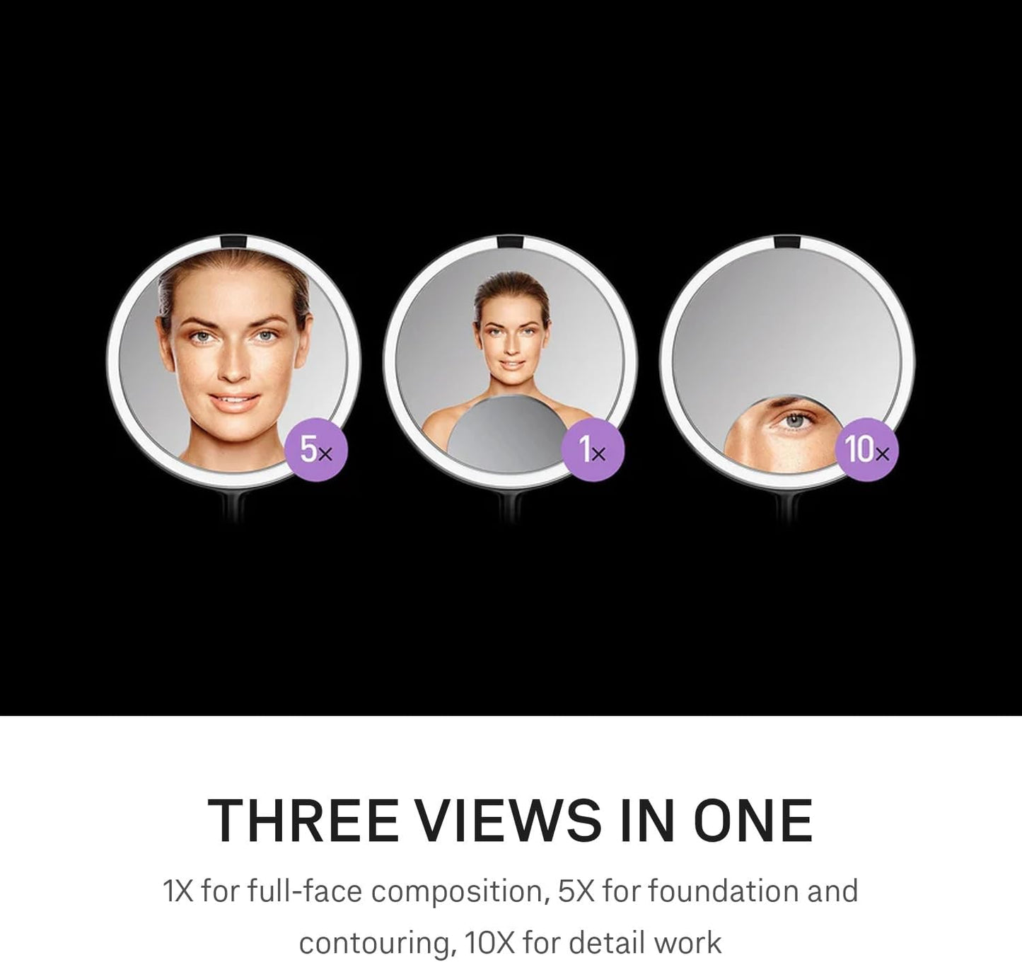 Sensor Mirror Trio - 1X 5X 10X Magnification Round Makeup Mirror | Tru-Lux® Light, Adjustable Brightness, Brass Steel