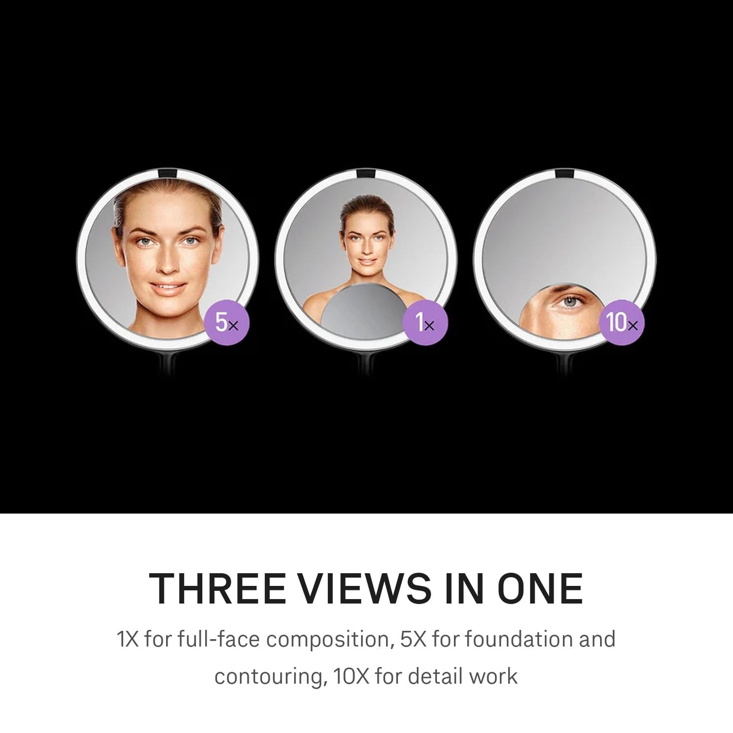 simplehuman Sensor Mirror Trio, 1X 5X 10X Magnification, Round Rechargeable Beauty Makeup Mirror, Tru-Lux® Full-Spectrum Light, Dual Light Settings, Adjustable Brightness, Matte Black Steel