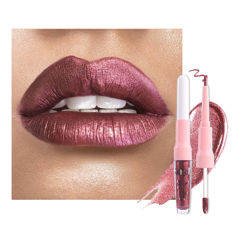 Dark Purple Red Metallic Glitter Lip Liner & Lipstick Combo - Long Lasting Waterproof Liquid Lipstick Set for Women | Iridescent Shine, Non-Stick Cup