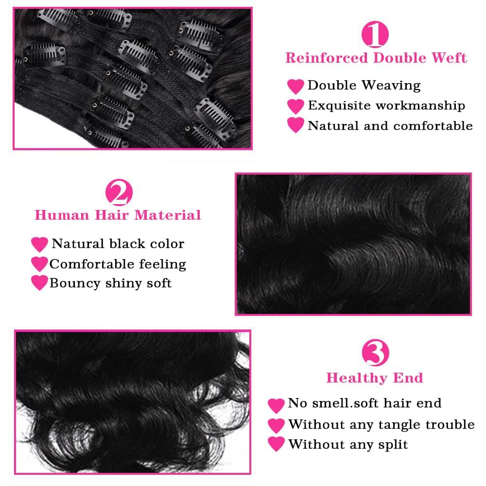 1B Black Clip in Hair Extensions Real Human Hair, 18 Inch 120g/7Pcs,Full Shine Remy Human Hair,Natural Black Body Wave Clip ins Brazilian Virgin Human Hair Extensions