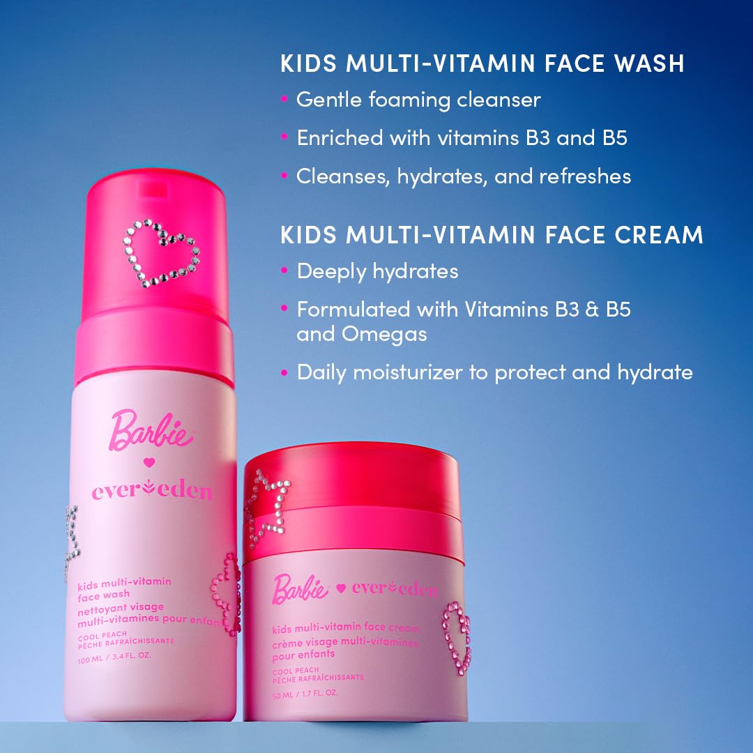 Barbie Limited Edition Kids Happy Face Duo - Multi-Vitamin Face Wash & Cream Set with Stickers | Clean Skin Care for Ages 3+