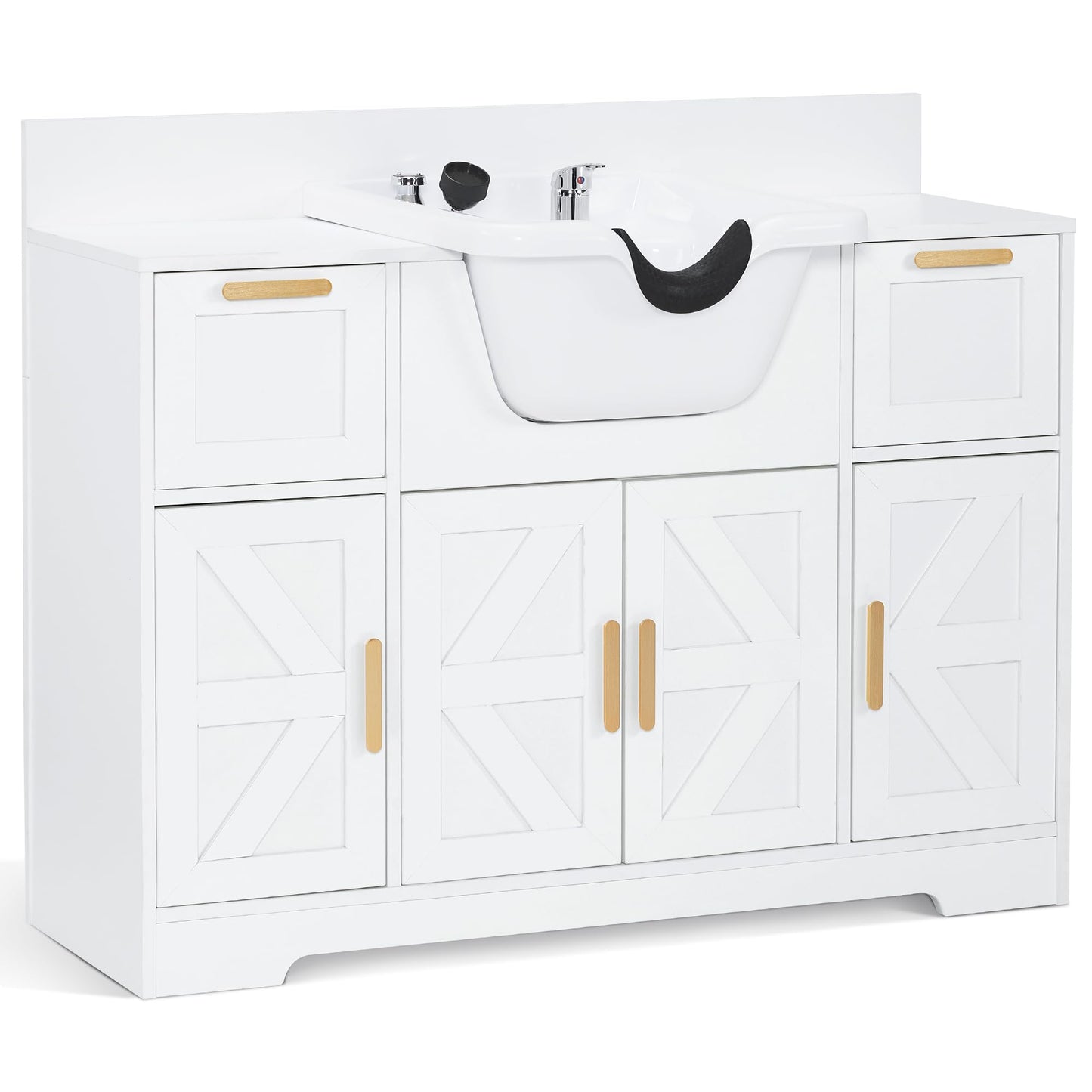 BarberPub Portable Shampoo Station, Shampoo Bowl with Cabinet & Drawer, Salon Geometric Finish Station with Sprayer Faucet, Barber Storage Equipment with Hair Wash Backwash Sink 3439 (All White)