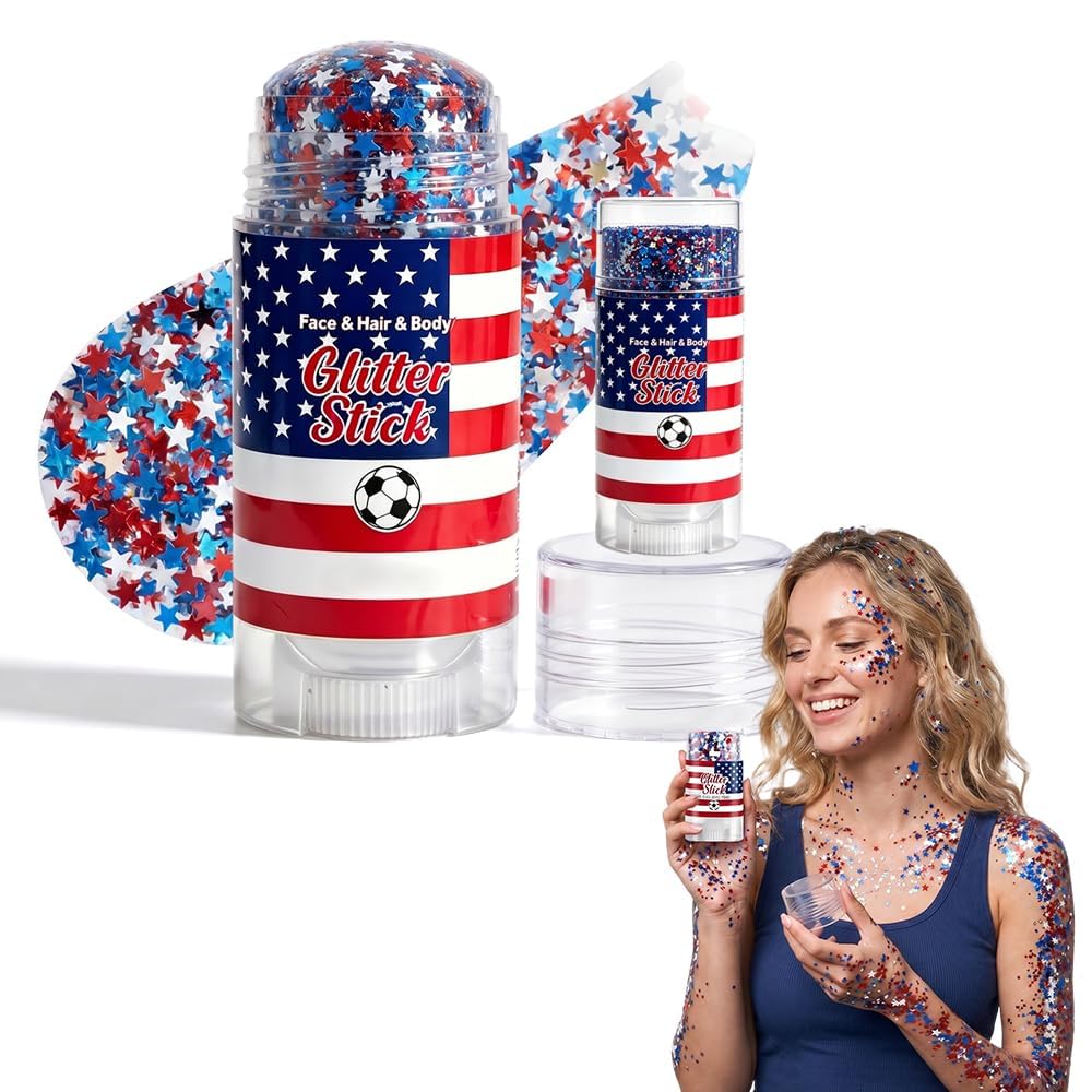 Patriotic 4th of July Glitter Stick | Self Adhesive Red White Blue Face & Body Sparkle | Waterproof Long Lasting Hair Makeup for Festivals, Parades & Kids (2 Pcs)