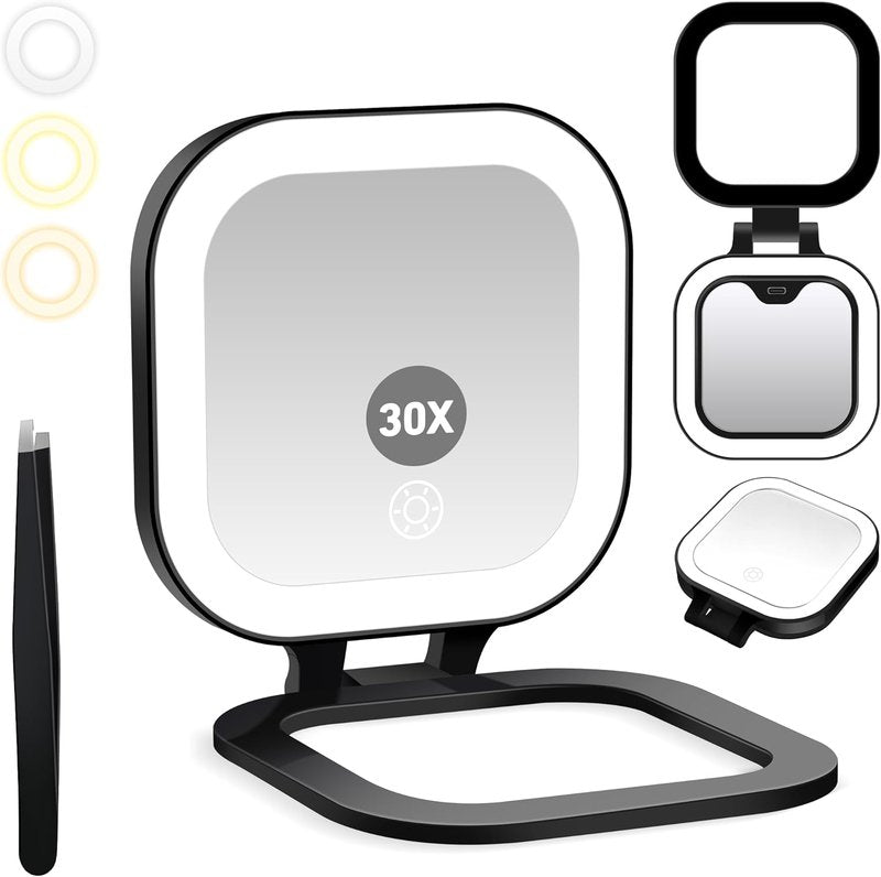 Travel Mirror with Light - 1x/30x Magnifying Compact Mirror with 3 Color Lights | 4.5x3.9 Inch, Adjustable Brightness, Includes Tweezer