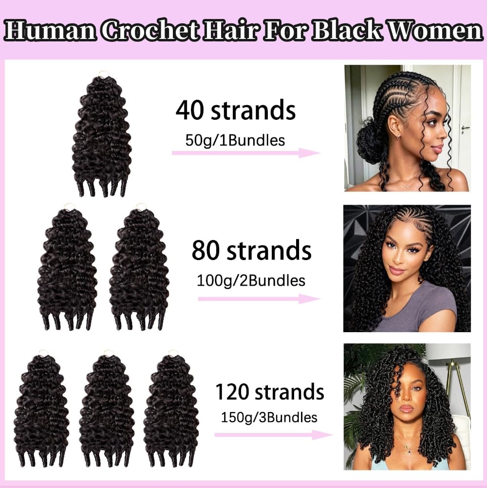 Feather Crochet Human Hair for Black Women Burmese Curly Miracle Knots Pre-Separated Feather Crochet Bundles Human Hair Lightweight Reusable Hair Extensions Kit Natural Black Color 150G 18 Inch