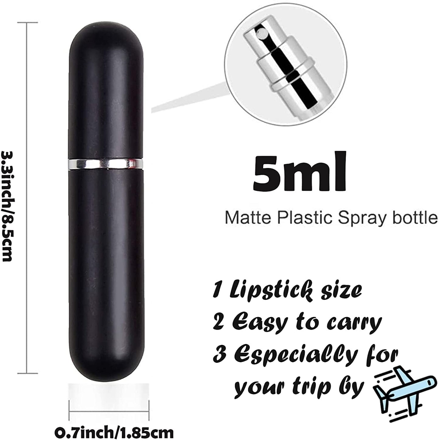Travel Refillable Perfume Atomisers, 5ML, 3 Pcs Mini Portable Spray Bottles, Round Tube Set With 1 Flat Separated Tool, for Home Business Trip (Black+Blue+Champagne)(4pcs)