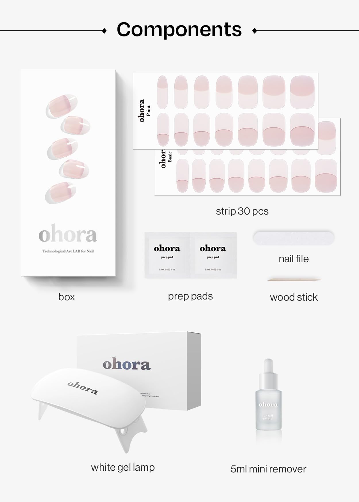 ohora Semi-Cured Gel Nail Strips Value Set (N Essential French Starter Kit) Includes Full Size Lamp and Mini Remover, Salon-Quality, Long Lasting, Easy to Apply & Remove