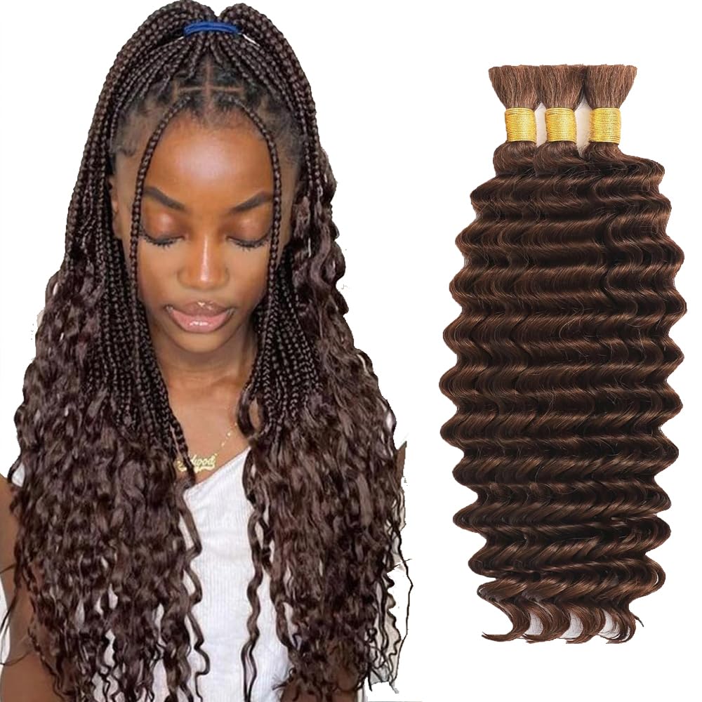 26 26 26 Inch #4 Human Braiding Hair for Boho Braids Human Chocolate Brown Boho Hair for Braiding Knotless 12A Deep Wave Bulk Bohemian 3 Bundles/Pack Brown Color