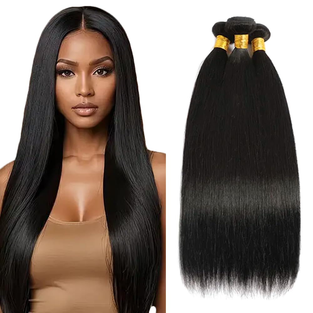 Human Hair Bundles #1B Straight Bundles 32 32 32 Inch Unprocessed Brazilian Virgin Hair Natural Color 3 Bundle 50 Gram Per Bundle Deals Quick Weave Hair Extensions