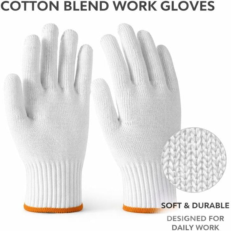 White Cotton Work Gloves - 12 Pairs Reusable Knit Gloves for Men & Women | Soft, Breathable, Washable with Orange Cuff