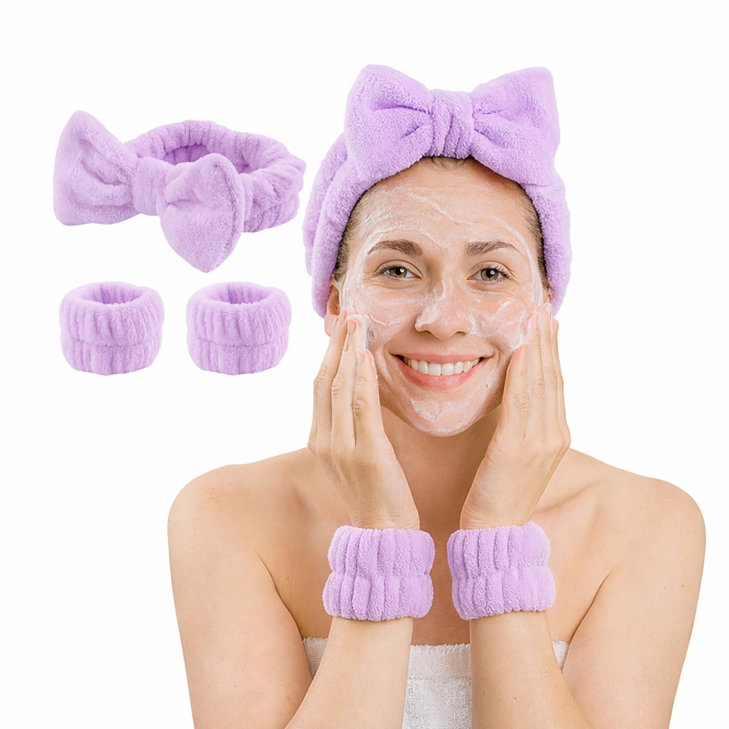 3-Piece Skincare Headband and Wristband Set, Fluffy Bow Spa & Face Wash Makeup Headband for Washing Face, Soft Microfiber Skin Care Tools for Women - Purple#1