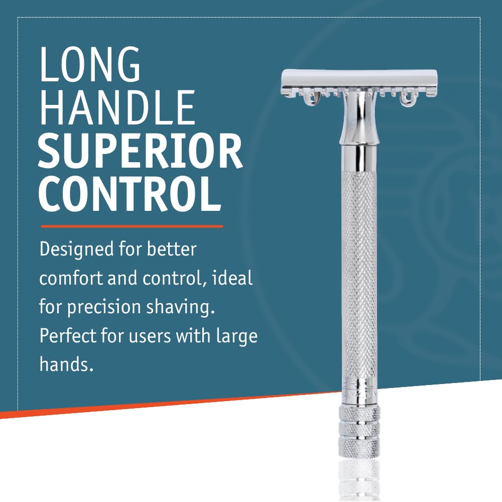 MERKUR 25C Double Edge Safety Razor in Bright Chrome with an Open Comb Design, Long Handle, Made in Germany, Plastic-Free, Three-Piece Design, and Straight Bar