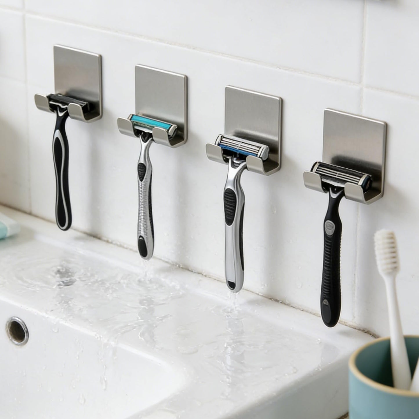 4 Pcs Adhesive Razor Holder for Shower, Waterproof Stainless Steel Razor Hook, No-Drill Wall Mount Shaver Hanger, Multipurpose Bathroom Organizer Hooks (Silvery)