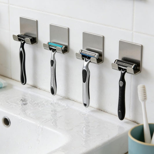 4 Pcs Adhesive Razor Holder for Shower, Waterproof Stainless Steel Razor Hook, No-Drill Wall Mount Shaver Hanger, Multipurpose Bathroom Organizer Hooks (Silvery)