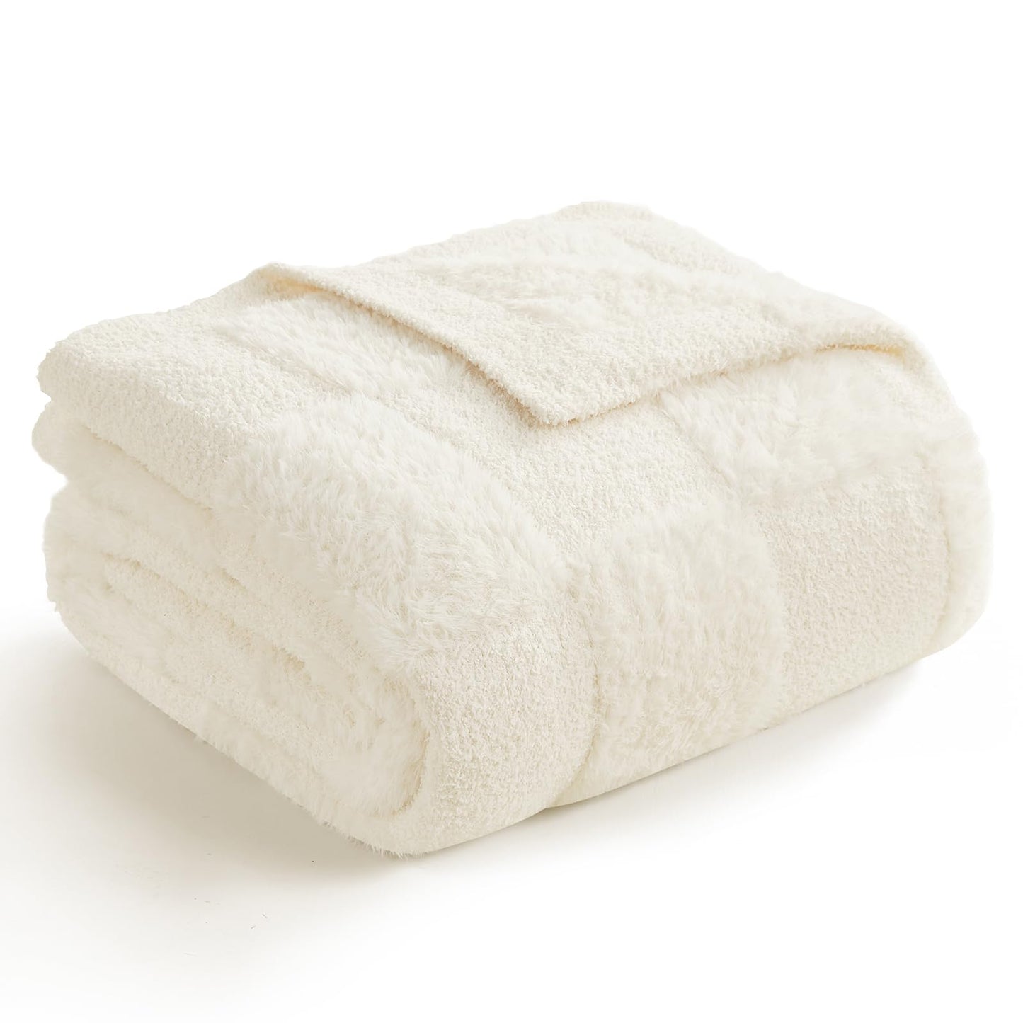 Snuggle Sac Checkered Throw Blanket Faux Fur Microfiber Blankets for Couch,Cozy Soft Warm Blanket for Sofa Bedroom Living Room,Solid Ivory,50x60 inches