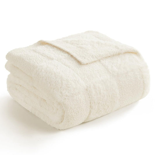 Snuggle Sac Checkered Throw Blanket Faux Fur Microfiber Blankets for Couch,Cozy Soft Warm Blanket for Sofa Bedroom Living Room,Solid Ivory,50x60 inches