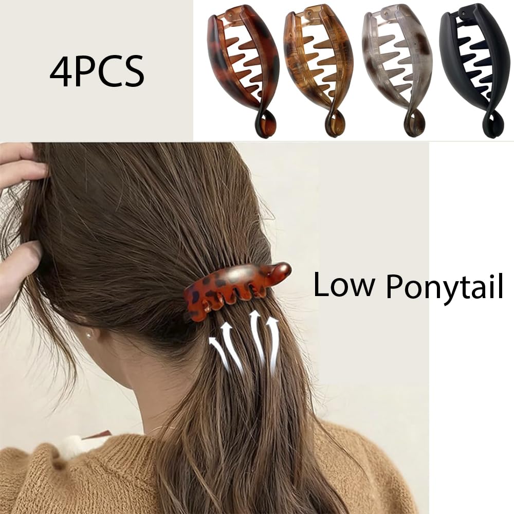Banana Hair Clips Small Hair Clip 4PCS Cute Oval Black Gold Leopard Print Banana Hair Accessory Clip Non Slip for Ponytails Buns Curly Hair Claw Clips for Women Daily Thin Hair Decoration