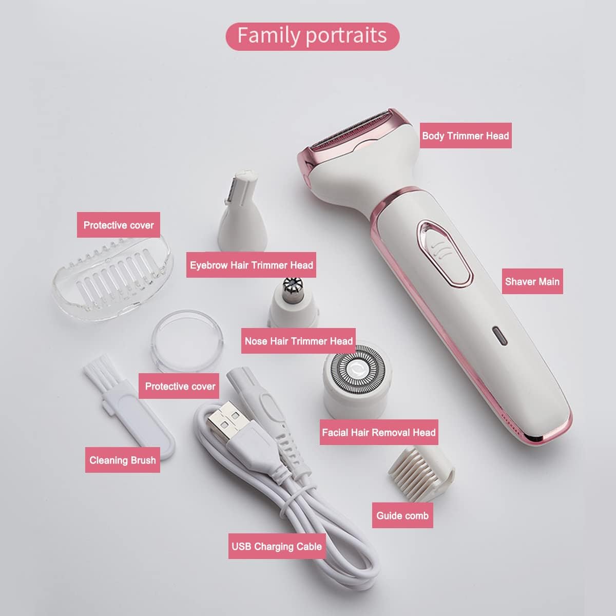 Electric Razor for Women - 4-in-1 Hair Trimmer for Face, Nose, Eyebrows, and Body | Painless Rechargeable Shaver Set
