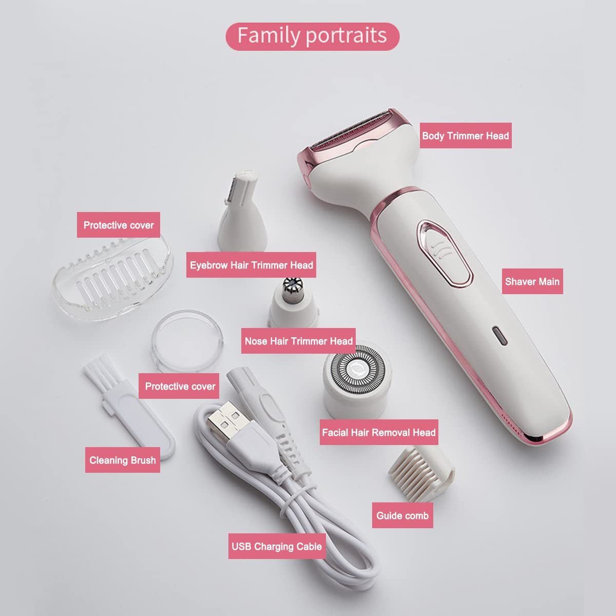 ANFOOS Electric Razor for Women,Hair Trimmer for Face Nose Eyebrow Beard Mustache Arm Leg Armpit Bikini,Painless Rechargeable Portable 4 in 1 Womens Body Shavers Set