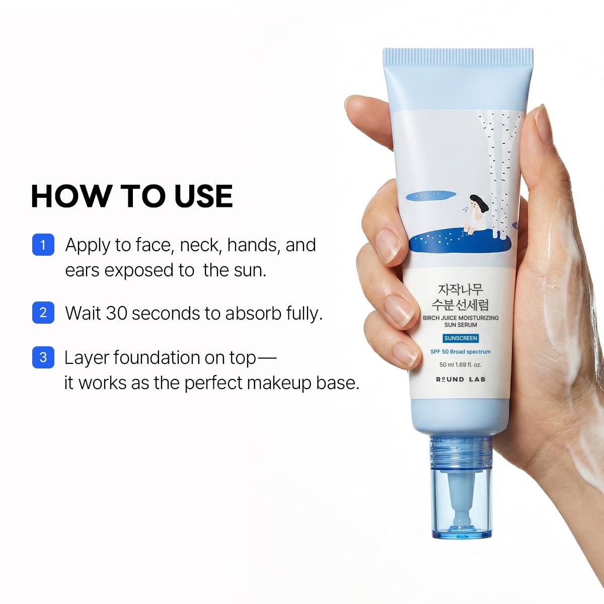 ROUND LAB Birch Juice Moisturizing Sun Serum SPF 50, PDRN Hyaluronic Acid Serum, Airy Texture Sunscreen For Face, No White Cast, Fragrance Free, protector solar, Korean Skin Care, 1.69 Fl Oz
