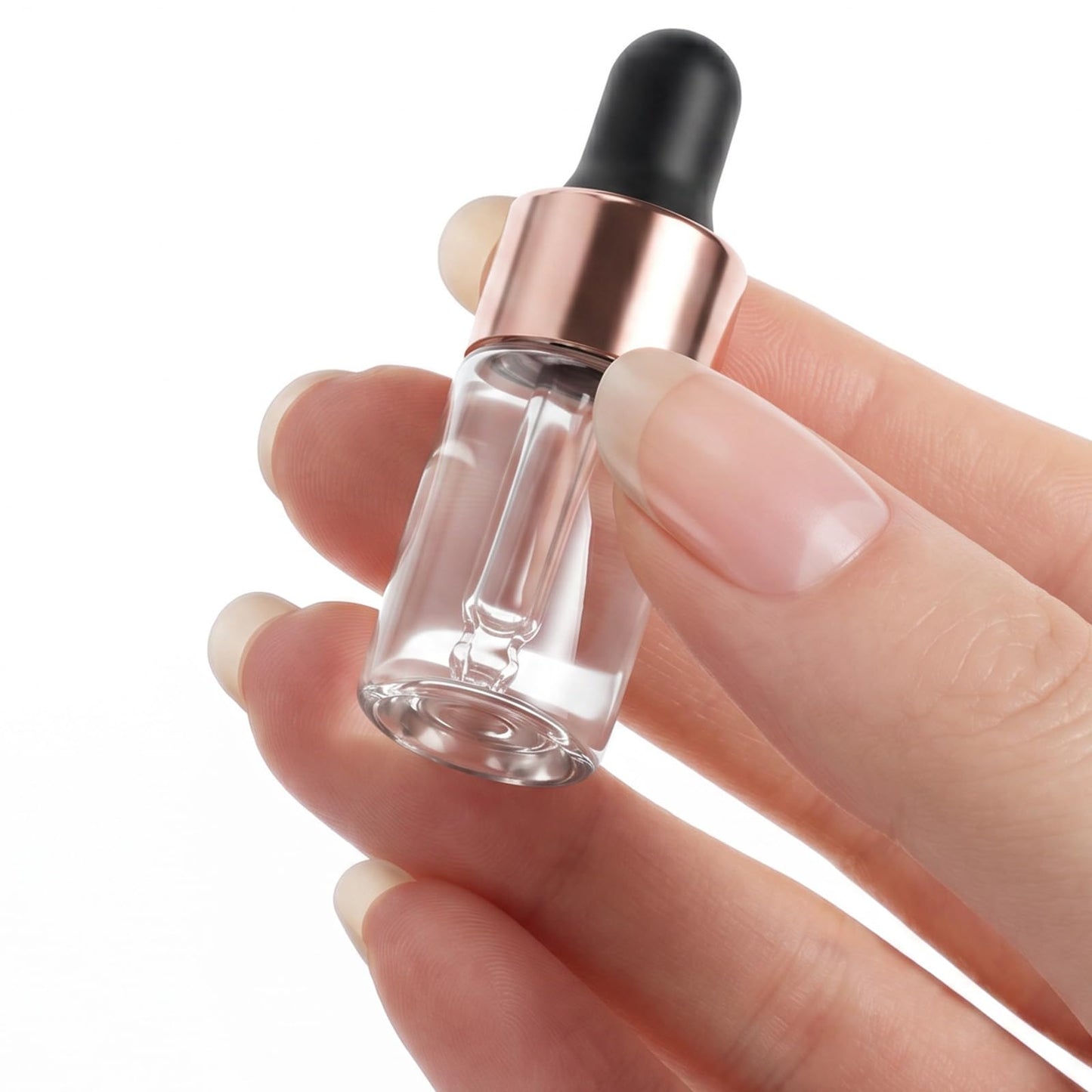 Bremorou 15 Pcs 3ml Mini Glass Dropper Bottle for Essential Oil Small Clear Sample Dropper Vails with Rose Gold Caps Makeup Containers for Essence Liquid Cosmetic Containers