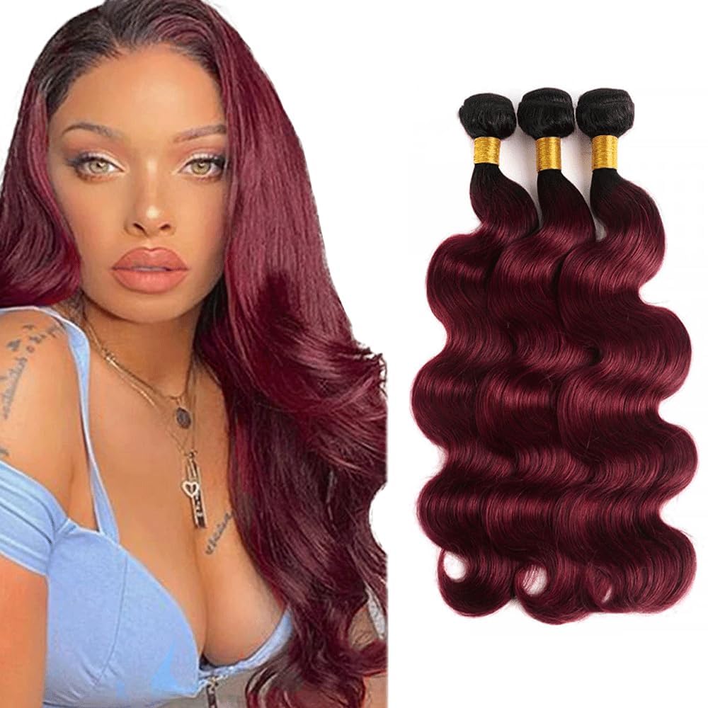 Ombre Body Wave Bundles Human Hair 99j Bundle 22 24 26 Inch 300g 8A Grade Brazilian Virgin Hair 3 Bundles Burgundy Body Wave Bundles Hair Weave
